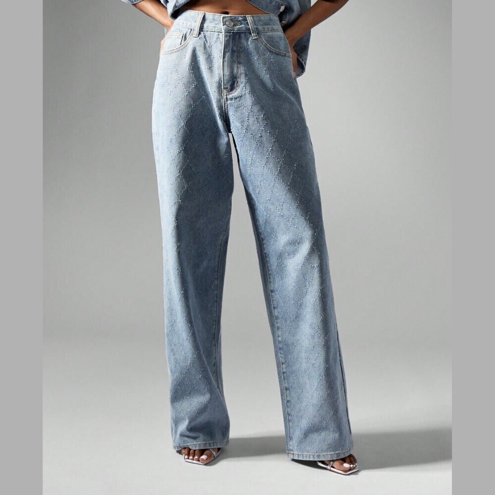 Light Blue Denim Jeans with Textured Diamond Pattern
